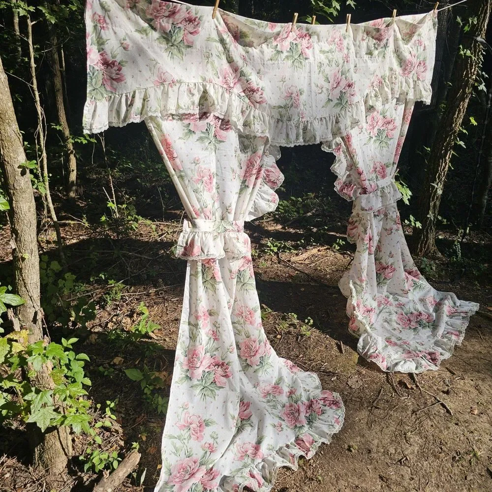 Vintage 1980s Pink Floral Cottagecore Ruffled Curtains Set With Lace Trim